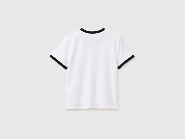 Benetton Kadın Beyaz Pamuk Karışımlı Önü Baskılı Bisiklet Yaka T-Shirt