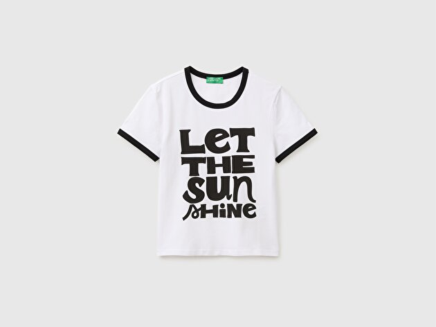 Benetton Kadın Beyaz Pamuk Karışımlı Önü Baskılı Bisiklet Yaka T-Shirt
