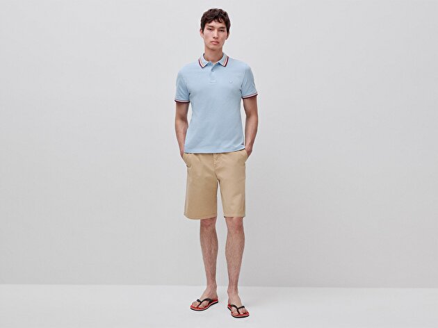 Benetton Erkek Açık Mavi Pamuk Karışımlı Logo Baskılı Regular Fit Polo Yaka T-Shirt
