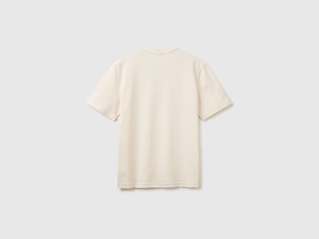 Benetton Erkek Krem %100 Pamuk Logo Detaylı Regular Fit Bisiklet Yaka T-Shirt