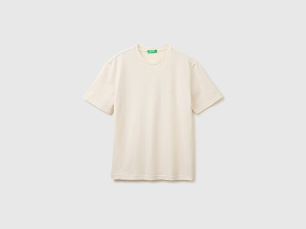 Benetton Erkek Krem %100 Pamuk Logo Detaylı Regular Fit Bisiklet Yaka T-Shirt