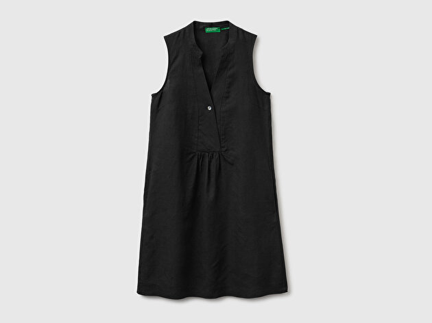 Benetton Kadın Siyah %100 Keten Önü Düğmeli A Kesim Yan Cepli Kısa Elbise