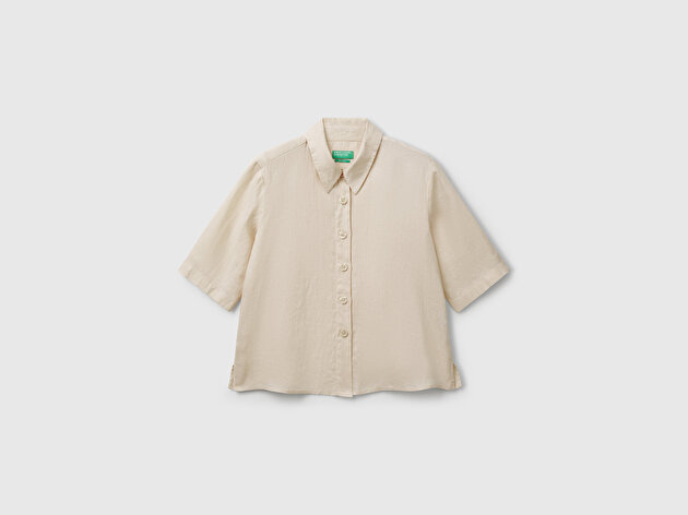 Benetton Kadın Taş %100 Keten Yarım Kollu Düz Gömlek
