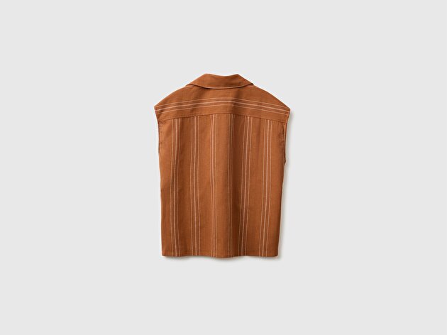 Benetton Kadın Taba Pamuk Keten Karışımlı Bağlama Detaylı Şal Yaka Gömlek
