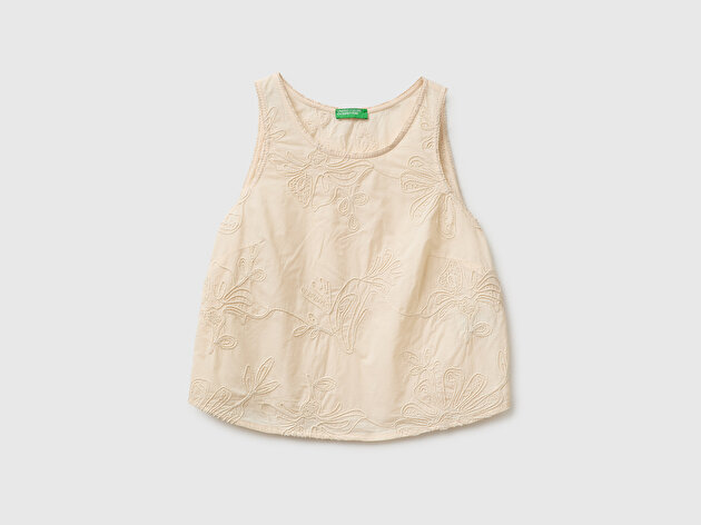 Benetton Kadın Krem %100 Pamuk Çiçek İşlemeli Kolsuz Bluz