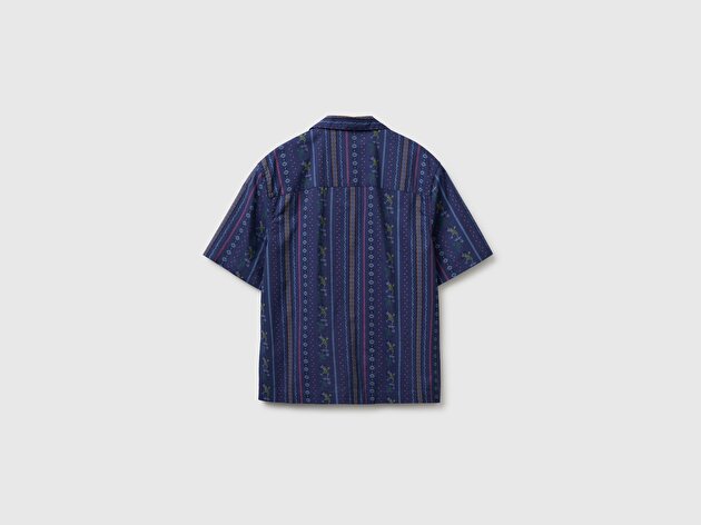 Benetton Erkek Lacivert %100 Pamuk Tamamı Baskı Detaylı Regular Fit Gömlek