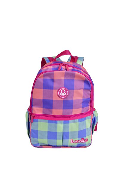 Benetton Kız Çocuk Pembe Ekose Desenli Benetton Yazılı Sırt Çantası