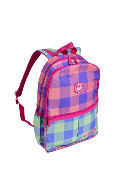 Benetton Kız Çocuk Pembe Ekose Desenli Benetton Yazılı Sırt Çantası