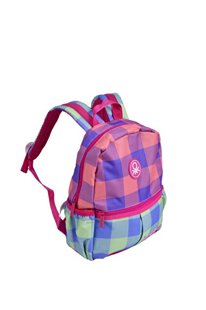 Benetton Kız Bebek Pembe Ekose Desenli Benetton Yazılı Anaokul Çantası
