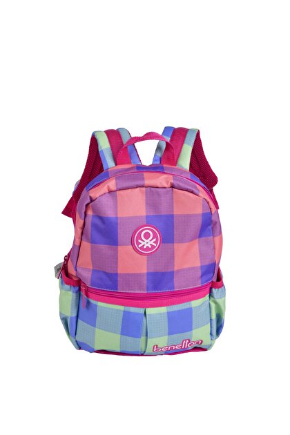 Benetton Kız Bebek Pembe Ekose Desenli Benetton Yazılı Anaokul Çantası