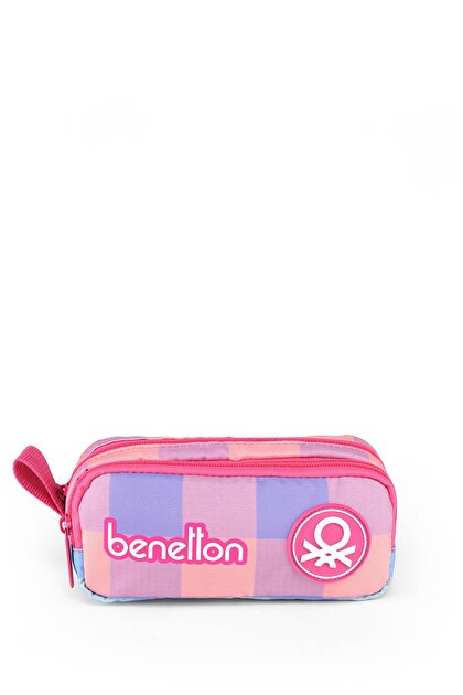 Benetton Kız Çocuk Pembe Ekose Desenli Benetton Yazılı Çift Gözlü Kalem Kutusu