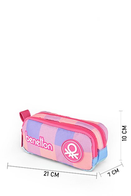 Benetton Kız Çocuk Pembe Ekose Desenli Benetton Yazılı Çift Gözlü Kalem Kutusu