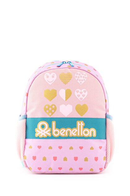 Benetton Kız Bebek Pembe Kalp Desenli Benetton Yazılı Anaokul Çantası