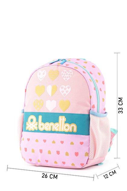 Benetton Kız Bebek Pembe Kalp Desenli Benetton Yazılı Anaokul Çantası