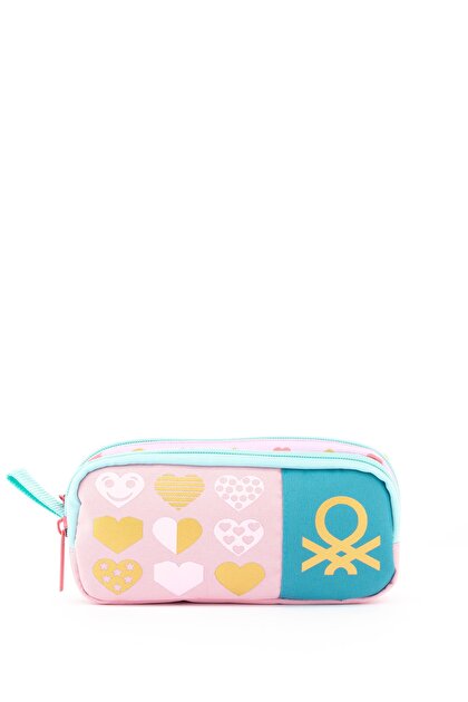 Benetton Kız Çocuk Pembe Kalp Desenli Benetton Yazılı Çift Bölme Kalem Kutusu