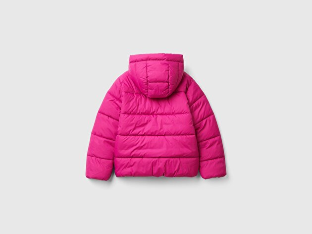 Benetton Kız Çocuk Pembe Sol Göğsü Logo İşlemeli Cepli Kapüşonlu Yüksek Yaka Mont