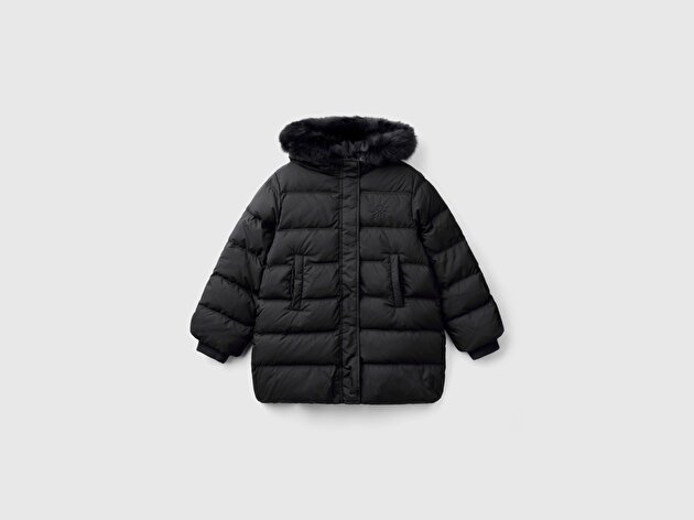 Benetton Kız Çocuk Siyah Sol Göğsü Logolu Çıkarılabilir Kapüşonlu Uzun Kuş Tüyü Ceket