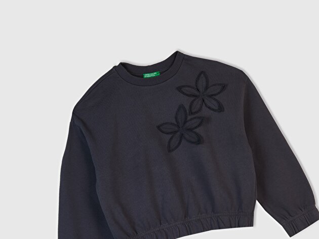 Benetton Kız Çocuk Koyu Gri İşlemeli Aplikeli Logo Detaylı Ribana Relaxed Fit Sweatshirt