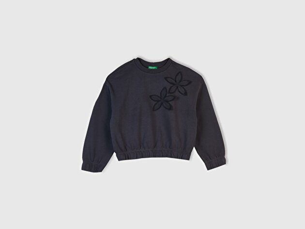 Benetton Kız Çocuk Koyu Gri İşlemeli Aplikeli Logo Detaylı Ribana Relaxed Fit Sweatshirt