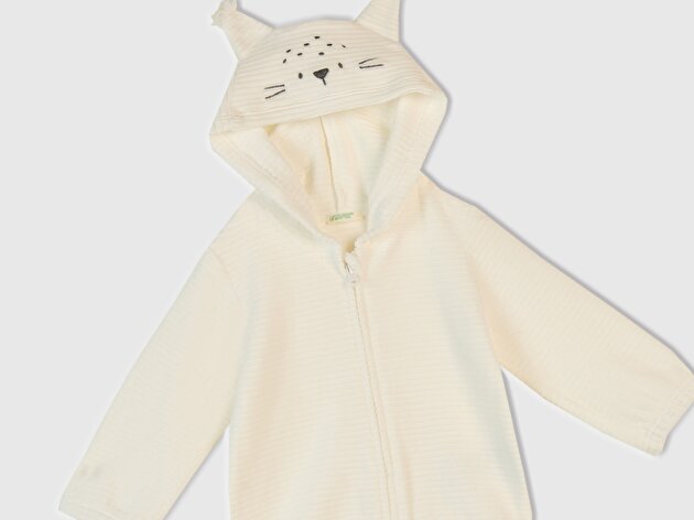 Benetton Bebek Ekru Nervür Desenli İşlemeli Kulaklı Kapüşonlu Sweatshirt