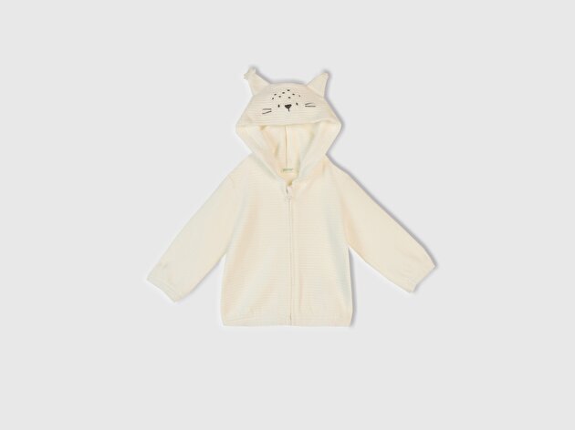Benetton Bebek Ekru Nervür Desenli İşlemeli Kulaklı Kapüşonlu Sweatshirt
