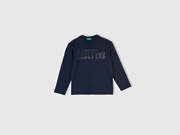 Benetton Erkek Çocuk Lacivert Önü Logo Baskılı Uzun Kollu T-shirt