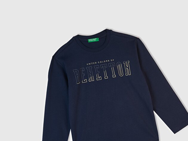 Benetton Erkek Çocuk Lacivert Önü Logo Baskılı Uzun Kollu T-shirt