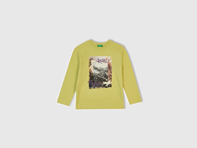 Benetton Erkek Çocuk Hardal Önü ve Arkası Baskılı Bisiklet Yaka Uzun Kollu T-shirt