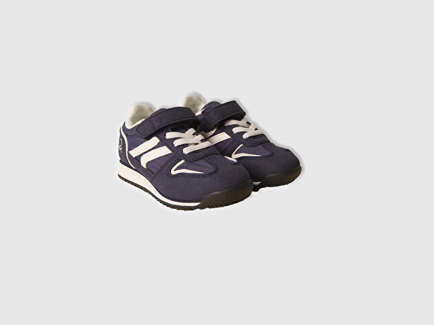 Benetton Erkek Bebek Lacivert Süet ve Deri Görünüm Parçalı Cırt Cırt Detaylı Sneaker