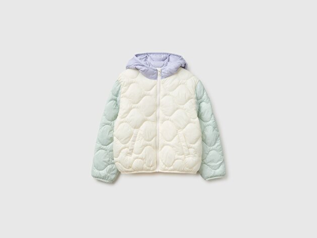 Benetton Kız Çocuk Krem Şişme Kapüşonlu Cepli Mont