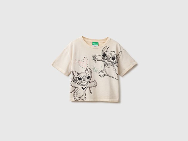 Benetton Kız Çocuk Beyaz Lilo&Stitch Baskılı Kısa Kollu Tişört