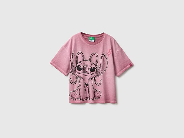 Benetton Kız Çocuk Pembe Lilo&Stitch Baskılı Kısa Kollu Tişört