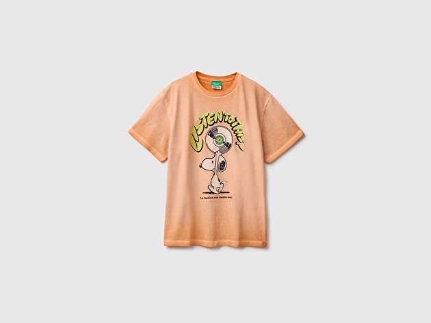 Benetton Erkek Çocuk Turuncu Önü Snoopy Baskılı Oversize Tişört