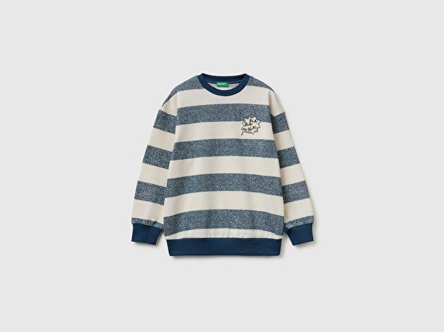 Benetton Erkek Çocuk Mavi Beyaz İşlemeli Oversize Çizgili Bisiklet Yaka Sweatshirt