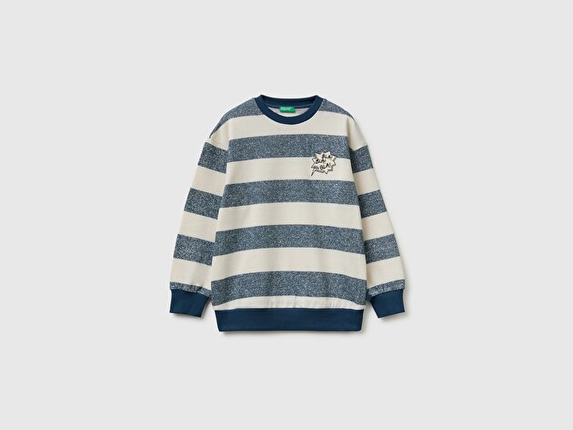 Benetton Erkek Çocuk Mavi Beyaz İşlemeli Oversize Çizgili Bisiklet Yaka Sweatshirt