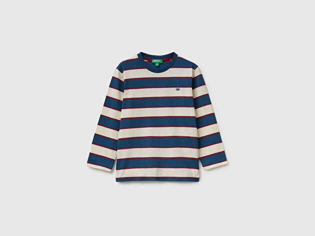 Benetton Erkek Bebek Lacivert Mix Logo İşlemeli Çizgili Ribanalı Uzun Kollu Tişört