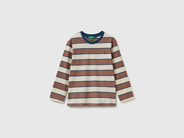 Benetton Erkek Bebek Kahverengi Mix Logo İşlemeli Çizgili Ribanalı Uzun Kollu Tişört