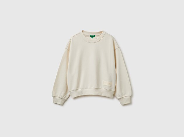 Benetton Kız Çocuk Ekru Ribanalı Uzun Kollu Bisiklet Yaka Sweatshirt