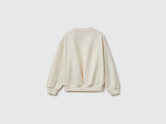 Benetton Kız Çocuk Ekru Ribanalı Uzun Kollu Bisiklet Yaka Sweatshirt
