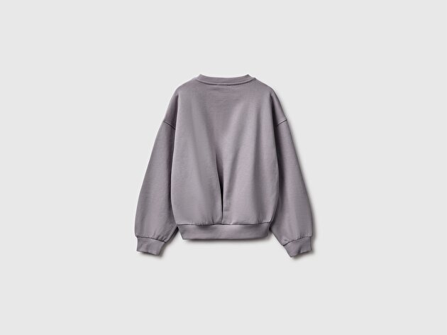 Benetton Kız Çocuk Koyu Gri Ribanalı Uzun Kollu Bisiklet Yaka Sweatshirt