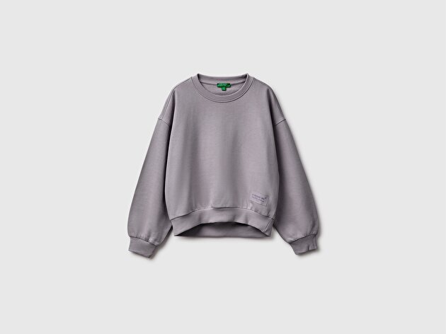 Benetton Kız Çocuk Koyu Gri Ribanalı Uzun Kollu Bisiklet Yaka Sweatshirt