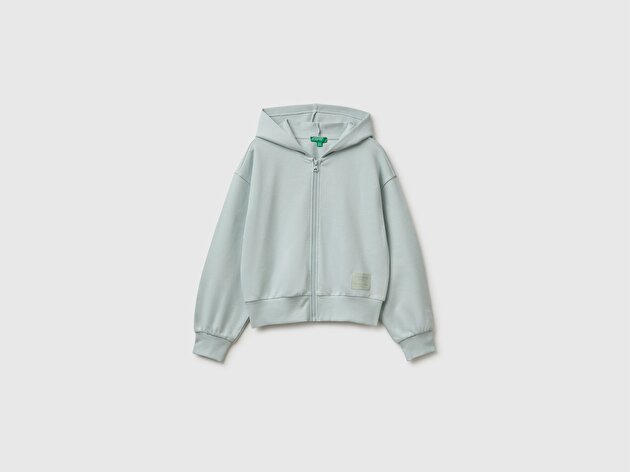 Benetton Kız Çocuk Su Yeşili Ribanalı Kapüşonlu Fermuarlı Sweatshirt