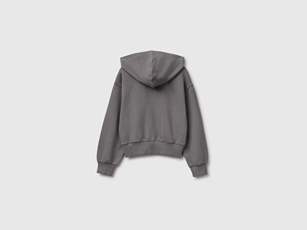 Benetton Kız Çocuk Koyu Gri Ribanalı Kapüşonlu Fermuarlı Sweatshirt