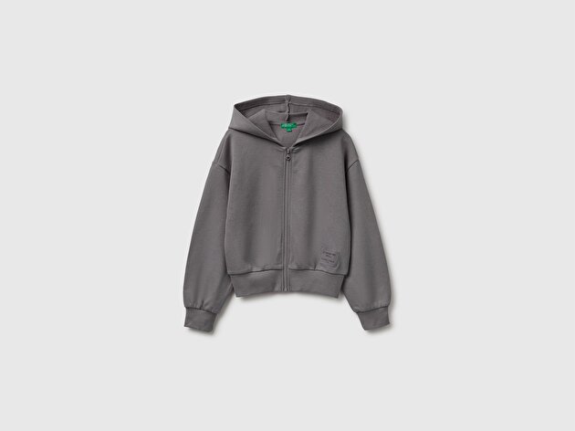 Benetton Kız Çocuk Koyu Gri Ribanalı Kapüşonlu Fermuarlı Sweatshirt
