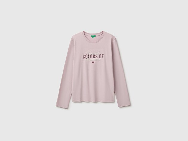Benetton Kız Çocuk Gül Kurusu Önü İşlemeli Uzun Kollu Tişört