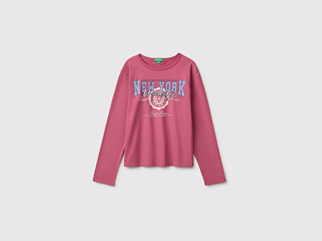 Benetton Kız Çocuk Fuşya Uzun Kollu Önü Baskılı Bisiklet Yaka T-Shirt