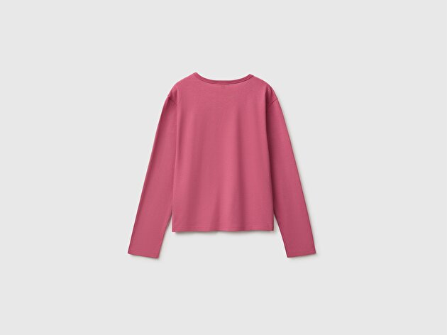 Benetton Kız Çocuk Fuşya Uzun Kollu Önü Baskılı Bisiklet Yaka T-Shirt