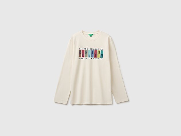 Benetton Erkek Çocuk Ekru Önü İşlemeli Uzun Kollu Tişört