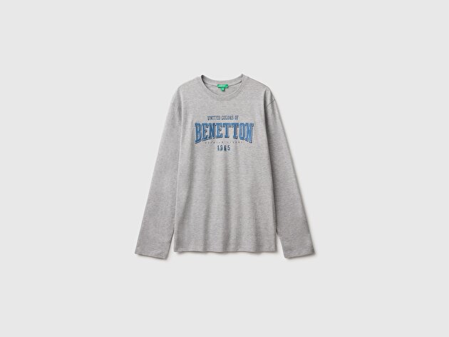 Benetton Erkek Çocuk Gri Melanj Önü İşlemeli Uzun Kollu Tişört
