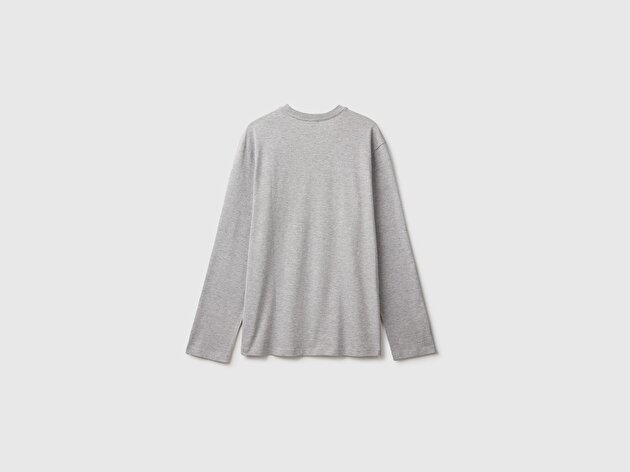 Benetton Erkek Çocuk Gri Melanj Önü İşlemeli Uzun Kollu Tişört